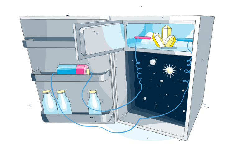 Illustration eines Kühlschranks mit Blick ins Universum – symbolisiert extrem tiefe Temperaturen in der Forschung.